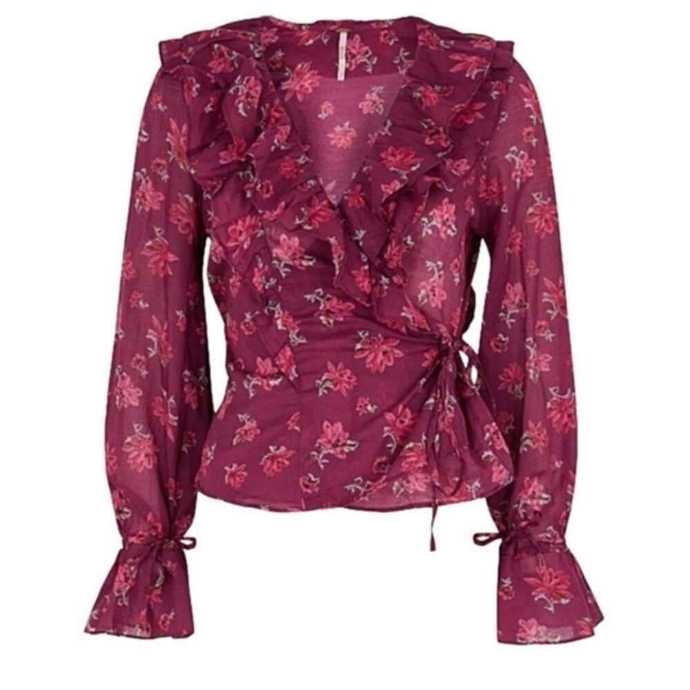 Free People Maroon Red Pink Floral Amanda Ruffle Long Sleeve Wrap Top Size XS